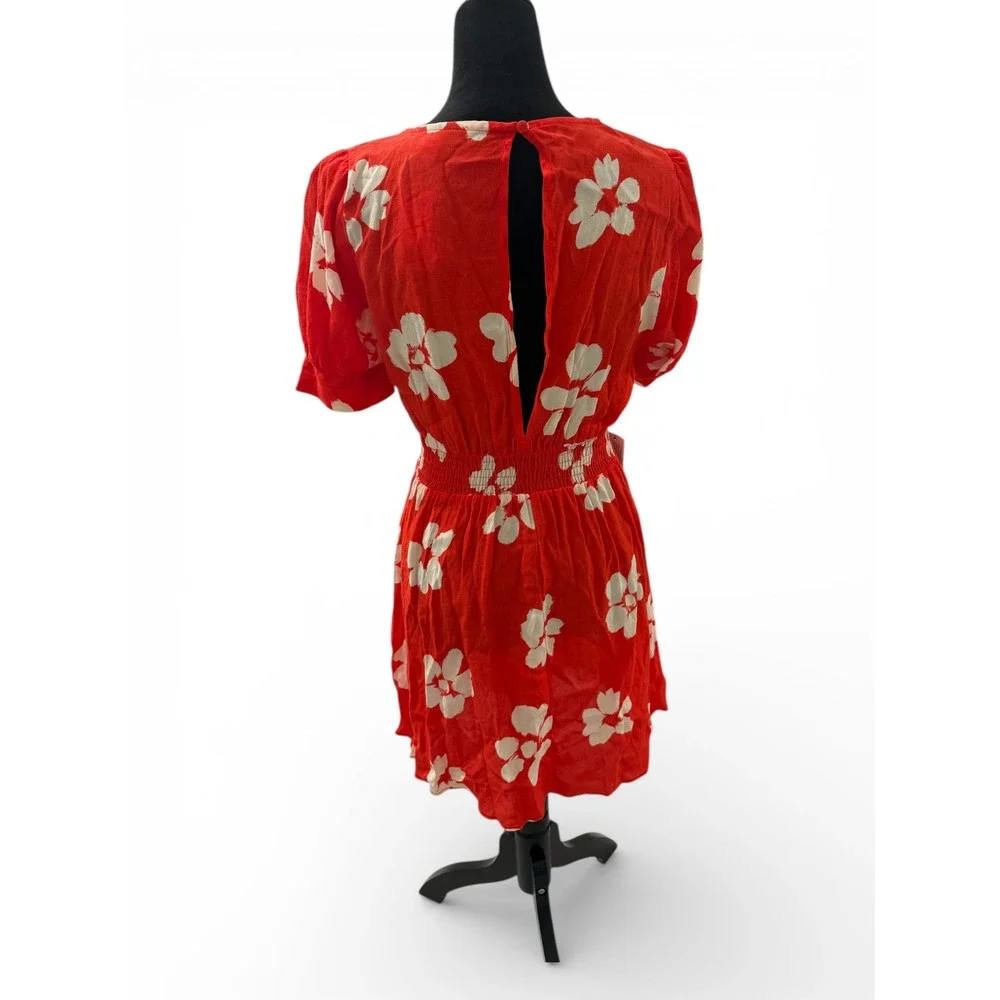 TOPSHOP Deep Orange Floral Print Short Sleeve V Neck Mini Dress UK‎ 8 US 4